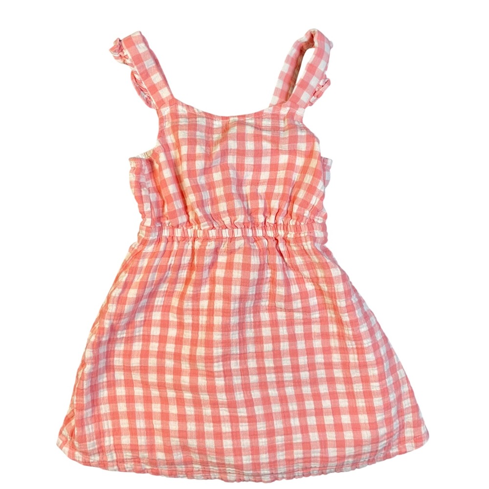 Gap Kids Pink Gingham Checkered Cotton Ruffle Strap Bow Back Dress XS 4/5